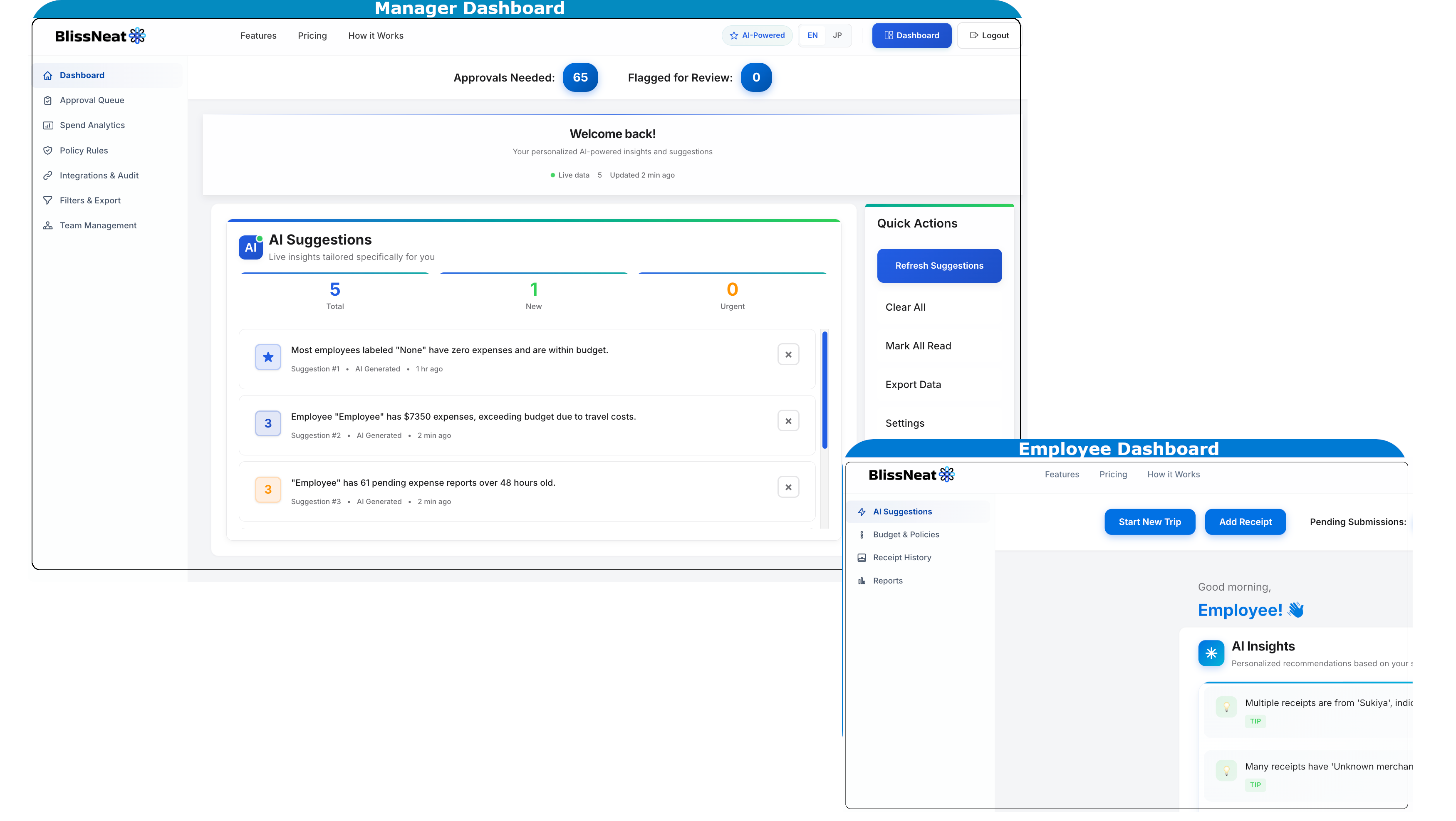 BlissNeat manager dashboard showing real-time expense approvals