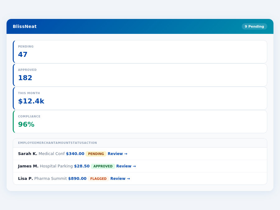 BlissNeat flagged receipts — Best Expense Management for Sales Teams in Healthc