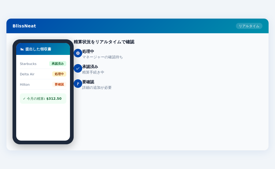 BlissNeat mobile status — 大阪の建設業向け出張が多いチームの経費管理ソフト